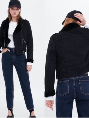 Zara TRF Collection Faux-Shearling and Suede Cropped Moto Jacket - Women - S